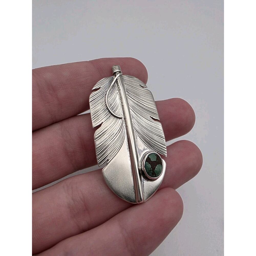 Lena Platero Native American Sterling Silver 925 Feather & Turquoise Pin Brooch